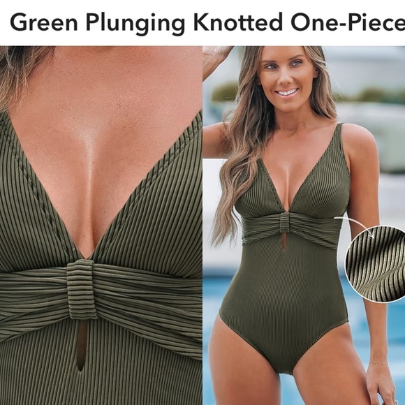 CUPSHE OLIVE GREEN PLUNGING KNOTTED V-NECK ADJUSTABLE STRAP ONE PIECE SWIMSUIT - Picture 2 of 16